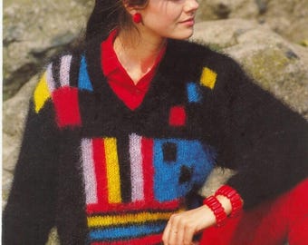 Ladies Geometric Mohair V-Neck Sweater Knitting Pattern - EMU Vintage Knitting Pattern - Hand Knitting Pattern - Original Knitting Pattern