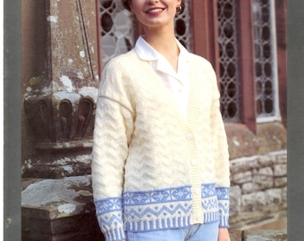 Lady's Textured Cardigan with Fair Isle Borders in Double Knitting Yarn - Spectrum Knitting Pattern - Vintage Knitting Pattern - Original