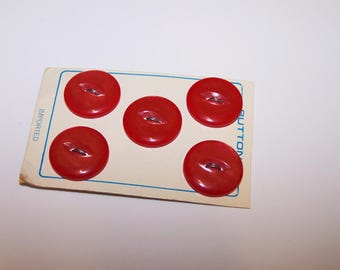 Red Buttons 11/16"  in diameter - 5 RED Vintage Buttons - Two Hole Pearlescent Red Buttons - Vintage Retro 17mm Red Buttons  on Card