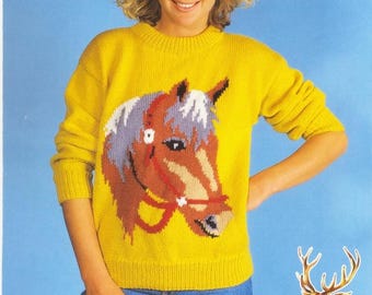 Horse Picture Sweater in three styles to Hand knit - Crew Neck Slash Neck and V Neck Horse Motif Sweater - Hayfield Knitting Pattern Leaflet