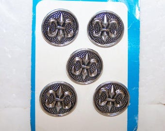 5 Silver Colour Buttons  Pretty Antique Metal Effect Round Buttons Round  - Raised Textured Design - Self Shank Buttons on Card Vintage