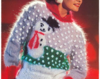 Mohair Sweater - Ladies Snowman Motif Sweater with Bobble Snow Textured Jumper - Sirdar Gold Seal Mohair - Original Vintage Knitting Pattern