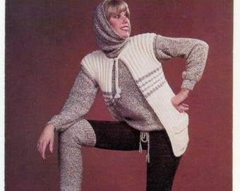 Womens Hooded Top Legwarmers and Jerkin Vintage Knitting Pattern  - Ladies Sweater Pattern in DK yarn - Original Vintage Poppleton  Pattern