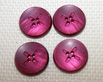 Pink Buttons 3/4" - Set of Four - Glassy 4 Hole Criss Cross Centre Cerise Translucent BUTTONS 22mm Vintage BUTTONS