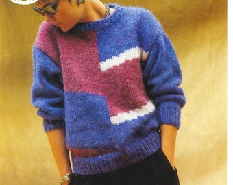 Geometric Pattern Sweater - Chunky Knit - Sirdar Knitting Pattern - Lady's Vintage  Knitting Pattern Original