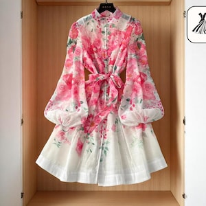 Boho Floral Dress for Women | Long Lantern Sleeve | Spring Fashion Outfit | Lace-Up Waist with Button Detail | Flowy Feminine Fit
