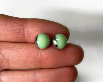 Green earrings, metallic silver studs, glass jewelry, fused glass earrings, minimalist round earrings, unique gifts, 9mm