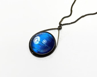 Handmade Blue Morpho Butterfly Wing Pendant, Bronze Teardrop Glass Jewelry, Gifts for Mom