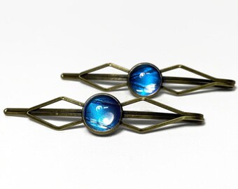 Blue iridescent hair barrettes bobby pins real butterfly wing jewelry best friend gifts rhetenor morpho hair clips set of 2