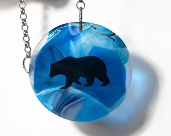 Blue bear sun catcher, handmade window hanging, whimsical mountain ornament, fused glass art, gifts for her, unique presents