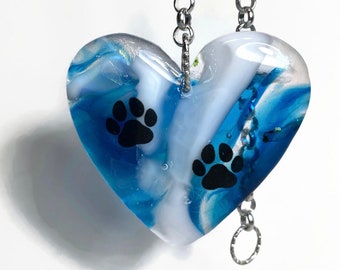 Blue paw print fused glass sun catcher, heart ornament, window hanging decor, gifts for her, housewarming presents