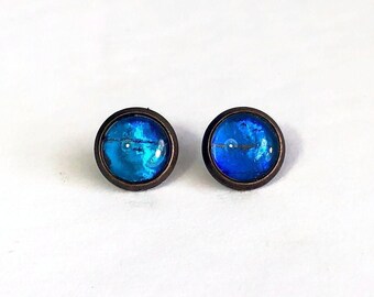 Handmade Iridescent Blue Stud Earrings, Real Butterfly Wing Jewelry, Nature Inspired Gifts for Her, rhetenor Morpho