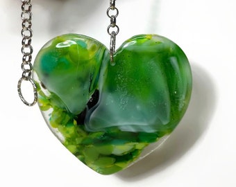 Whimsical green mix heart sun catcher, fused glass window hanging, ornament, unique gifts, housewarming presents