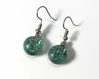 Green iridescent dangle earrings dichroic glass earrings fused glass jewelry, gifts for mom, hypoallergenic