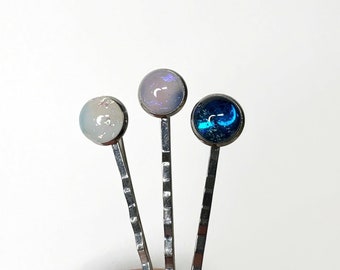 Iridescent barrettes fused glass jewelry hair clips dichroic glass bobby pins bridal hair jewelry gifts for her set of 3 unique presents