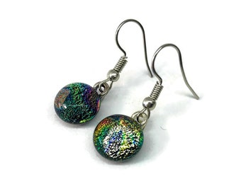 Green iridescent fused glass dangle earring rainbow dichroic glass jewelry unique gifts for her hypoallergenic