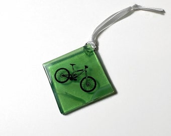 Handcrafted Mountain bike ornament, fused glass window hanging, sun catcher, gifts for dad, cyclist presents, Christmas tree decoration