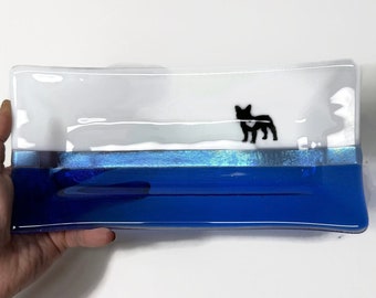 French bulldog fused glass plate, blue serving dish, frenchie, unique gifts for her, animal kitchen decor, housewarming presents