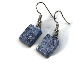 Dichroic glass iridescent silver earrings, Glass jewelry, fused glass earrings, dangle earrings, sparkle earrings, hypoallergenic