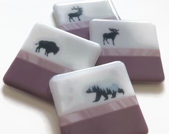 Coasters fused Glass purple and white, Glass art, wildlife home decor, nature lover gifts, wildlife table art, wildlife art