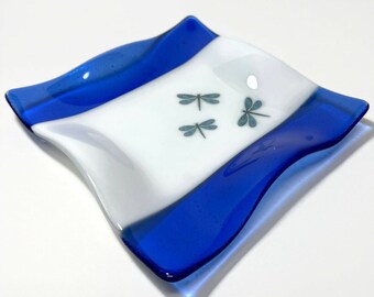Dragonfly plate, trinket tray, fused glass blue serving dish, dragonfly home decor, unique gifts for her, housewarming presents