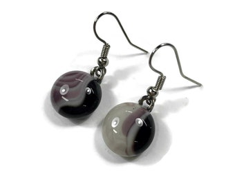 Marbled purple dangle earrings earrings, fused glass jewelry, statement round earrings, gifts for her