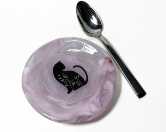 Fused Glass Cat Spoon Rest, Iridescent Pink Kitchen Decor & Utensil Holder, Cute Gift for Her