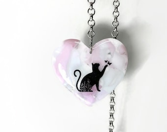 Whimsical Cat Heart Sun catcher, Fused Glass Ornament, Perfect Gift for Animal Lovers