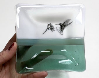 Whimsical Humming Bird Glass Plate, Ideal Gift for Her, Nature Inspired Serving Dish, Handmade Trinket Tray, Spoon rest