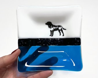 Dog fused glass plate, blue serving dish, Labrador, spoon rest, trinket tray, gifts for her, animal kitchen decor, housewarming presents