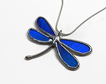 One-of-a-Kind Blue Dragonfly Pendant, Real Butterfly Wing, Nature Inspired Jewelry Gifts for Her, Handcraft Stained Glass Wing Necklace