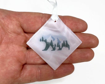 Handcrafted Glass Mountain Bear Ornament, Unique Window Hanging Sun Catcher, Nature Inspired Gifts