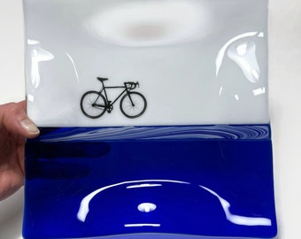 Blue fused glass plate road bike serving dish unique gifts for dad bike home decor bike enthusiast housewarming presents