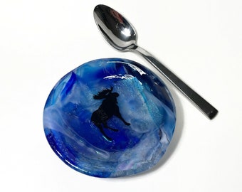 Iridescent Blue spoon rest, fused glass moose utensil holder, dish, mountain spoon holder, kitchen decor, housewarming presents