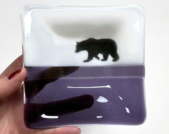 Whimsical Bear Fused Glass Plate, Ideal Gift for Her, Nature Inspired Serving Dish, Handmade Mountain Trinket Tray, Spoon rest