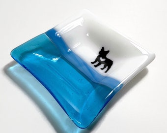 French bulldog fused glass plate, blue serving dish, frenchie, unique gifts for her, animal kitchen decor, housewarming presents