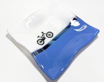 Mountain bike fused glass plate, blue serving dish, handmade treat plater, bike kitchen decor, unique gifts for her, housewarming presents