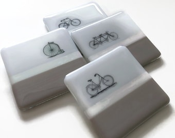 Coasters glass bike drink rest, fused glass art, bike drink coasters, grey and white, bike home decor, bike enthusiast, set of 4