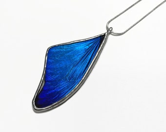 Butterfly necklace, Blue pendant, blue morph Butterfly, glass pendant, real butterfly, iridescent, taxidermy jewelry, stained glass wing