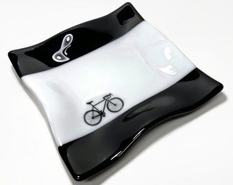 Handmade road bike plate, fused glass serving dish, outdoors home decor, artisan crafted gifts, trinket tray, housewarming presents