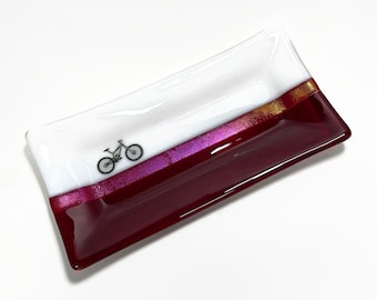 Mountain bike plate, fused glass red serving dish, trinket tray, unique gifts for him, kitchen decor, bike enthusiast, housewarming presents