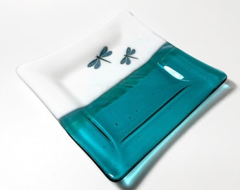 Dragonfly fused glass plate, teal green serving dish, spoon rest, trinket tray, dragonfly decor, unique gifts for mom, housewarming presents