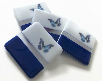 Blue butterfly glass coasters, Set of 4 drink rest, Unique gifts for her, handmade art, nature home decor