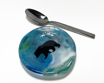 Whimsical Bear Spoon Holder, Blue Fused Glass, Kitchen Decor, Glass Dish, Unique Gift for Mom, Cooking Utensil Rest