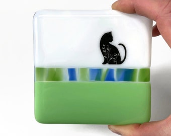 Cheerful cat fused glass coasters, drink holder, cat home decor, coffee table art, set of 4, unique gifts for her