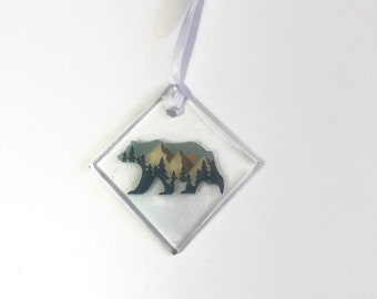 Handcrafted Fused Glass Bear Ornament, Whimsical Holiday Decoration, wildlife window sun catcher gift