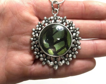 Green and black pendant real butterfly wing jewelry flower pendant best friend gifts chain included