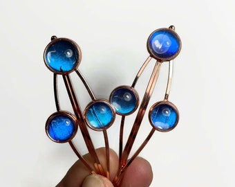 Blue hair barrettes, butterfly jewelry, glass bobby pins, rose gold barrettes, blue Morpho butterfly, set of 2