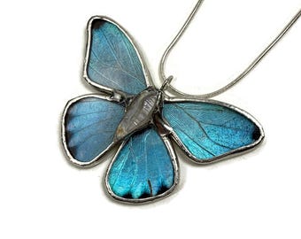 Blue morpho pendant, quartz necklace, real butterfly wing jewelry, gifts for her, stained glass butterfly, recycled butterfly jewelry