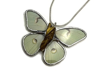 Luna moth pendant, Butterfly wing jewelry, unique gifts for her, crystal necklace, stained glass butterfly, chain included